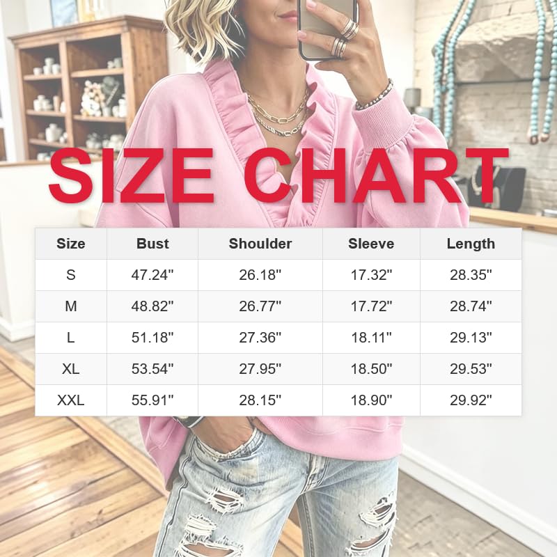 Elneeya Oversized Sweatshirt for Women V Neck Ruffled Cute Fall Sweatshirt - image 4