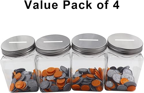 Miniatura 9 de Paquete de 4 tarros pequeños para monedas, 16 onzas, de plástico transparente, con tapas ranuradas plateadas, pequeños tarros de plástico