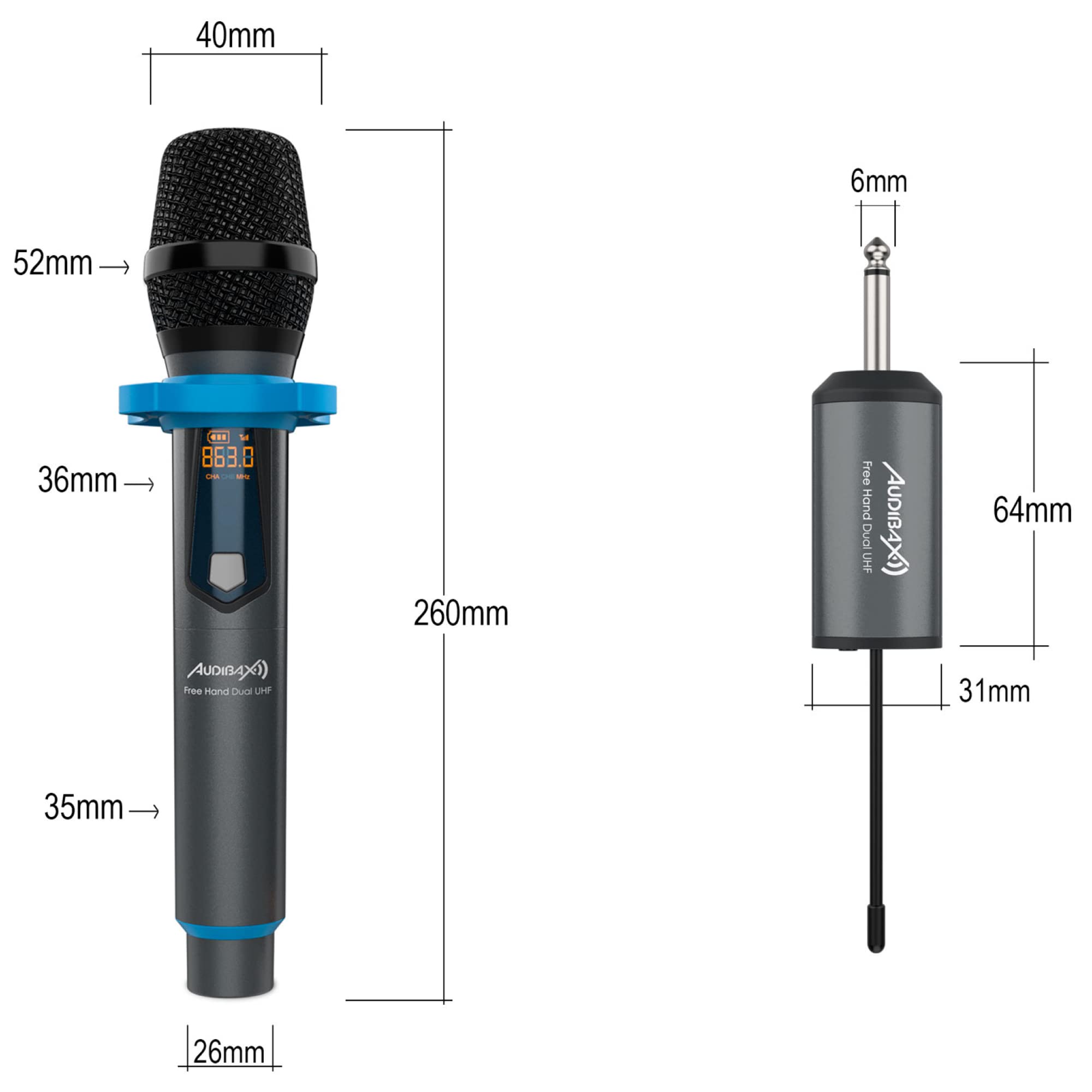 Audibax Missouri Free Hand Dual UHF - Sistema Microfonico Dinamico - Microfono Wireless con Trasmissione Segnale RF - Ricevitore con 8 Ore di Autonomia - Ricaricabile con USB Type C
