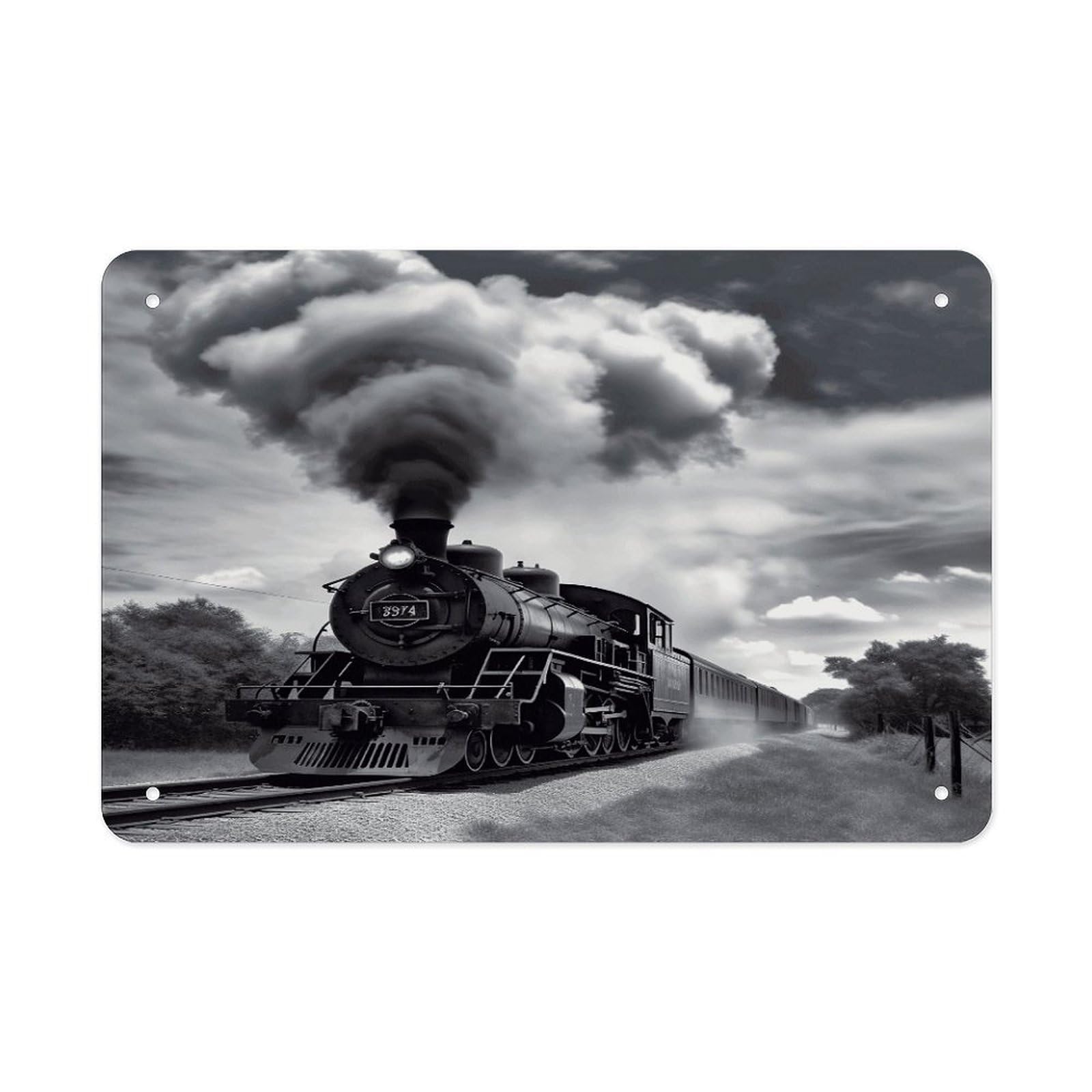 Steam Train Clouds Metal Tin Sign 12"x8" Wall Art Prints Poster Decorative Picture Metal Signboard Decor Painting Folded Edge Iron Sheet Painting with Holes for Wall Decor