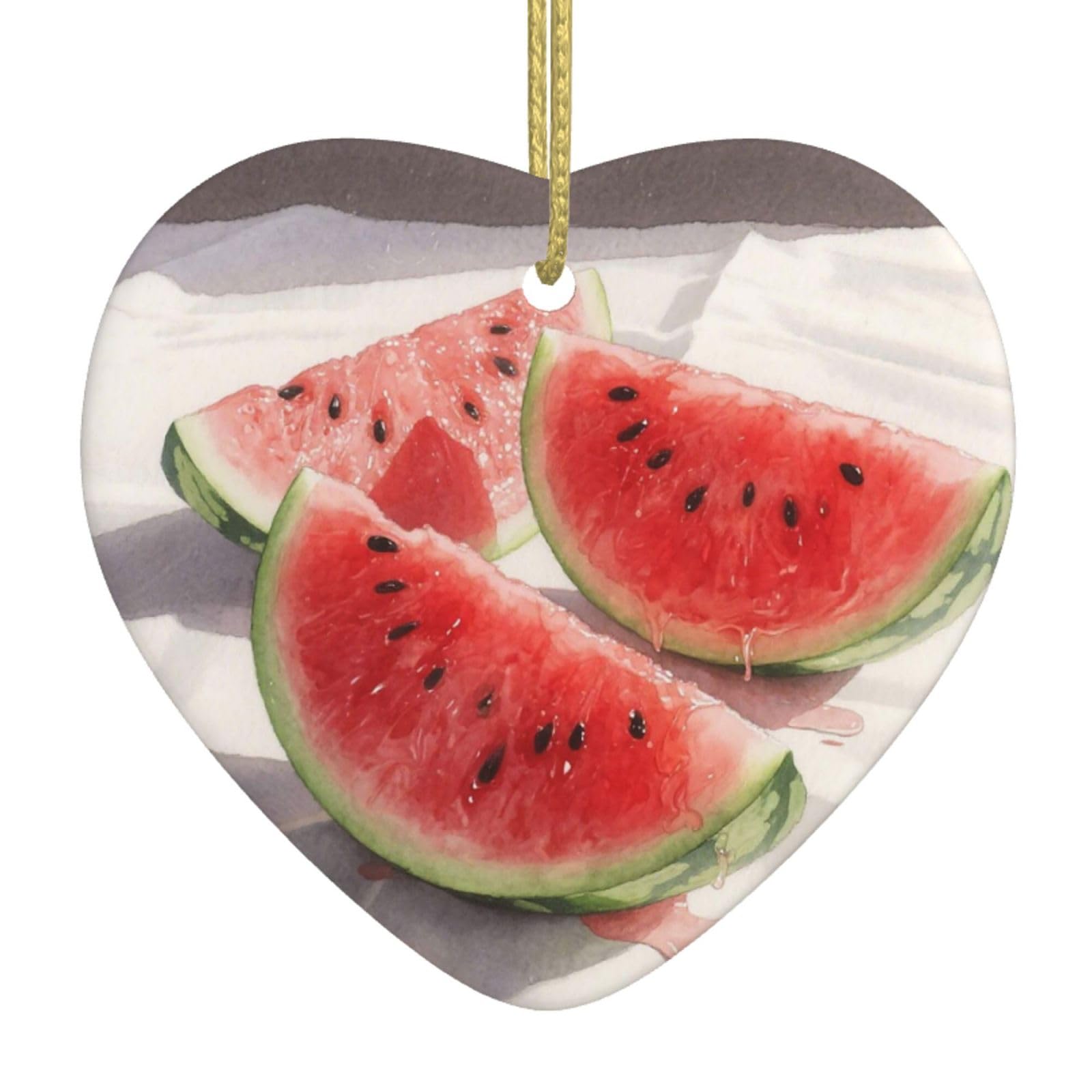 Watermelon Red Slices Christmas Ornament 2025 Heart Ceramic Hanging Ornaments for Home Decor Christmas Decorations with Gold Rope Double-Sided Xmas Tree Ceramic Hanging for Holiday Party