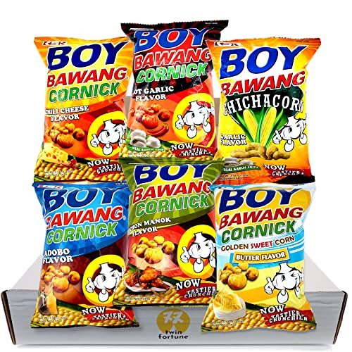 Boy Bawang Cornick Corn Nuts Snack Box of 6 Flavors - Chili Cheese, Hot Garlic, Garlic, Adobo, Lechon Manok, Butter Golden Sweet Corn | 3.54oz each (Pack of 6) in Sturdy Crush Proof Box