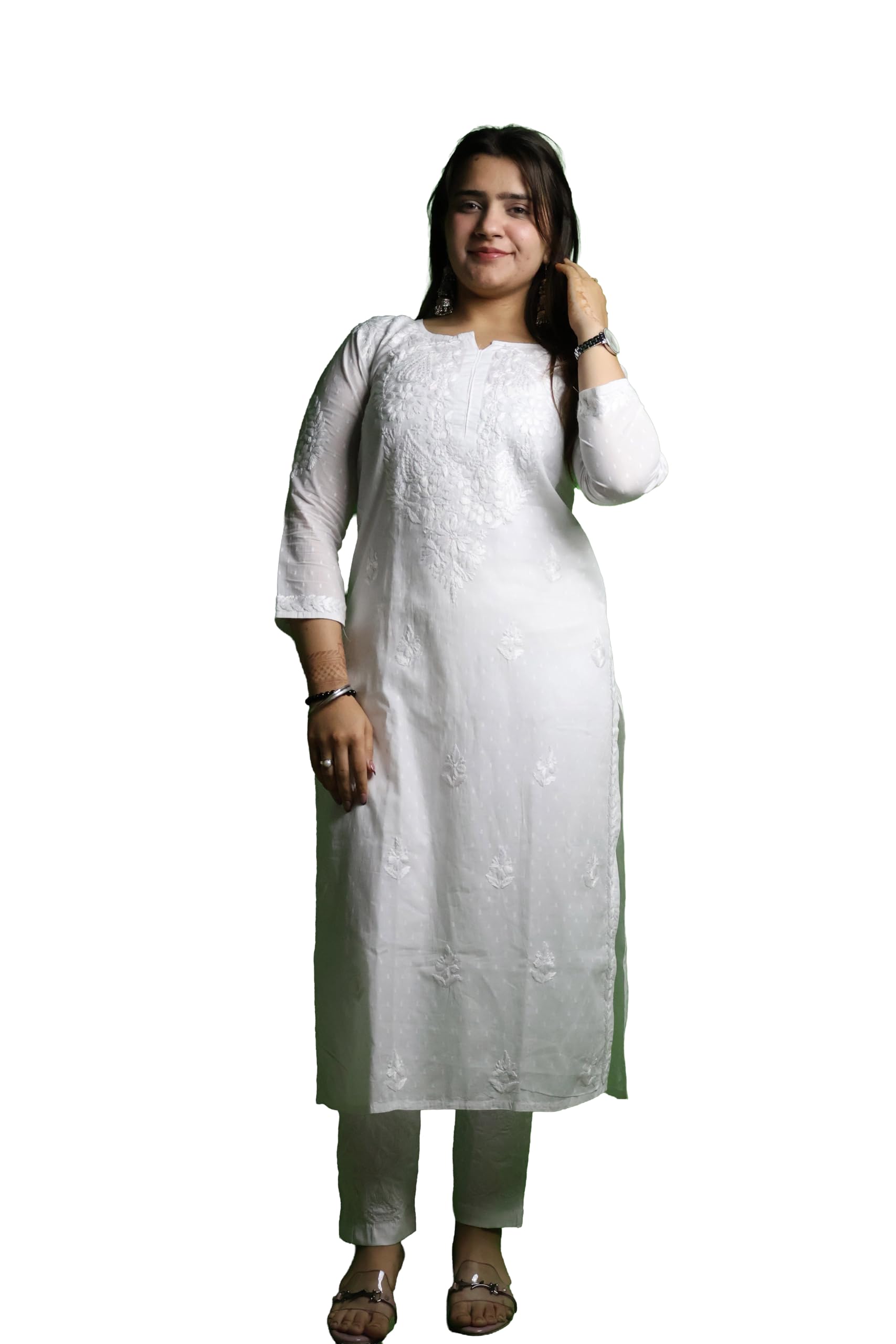 White Dobby Cotton Chikankari Kurti for Women, Pure Cotton, Full Sleeve,Regular Fit, Lucknowi Style-image-35