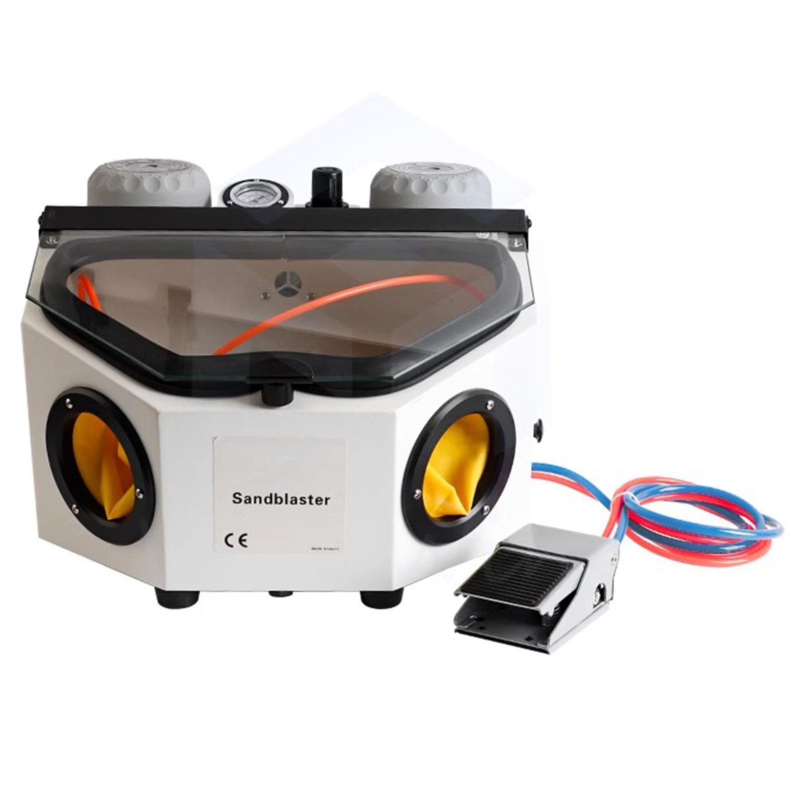 YHUEGH Bench Top Sand Blaster Cabinet Kit, Portable Air Sand Blaster with Spray Gun, Built-in Gloves, LED Lamp, Foot Switch, for Removes Rust, Grime, and Paint