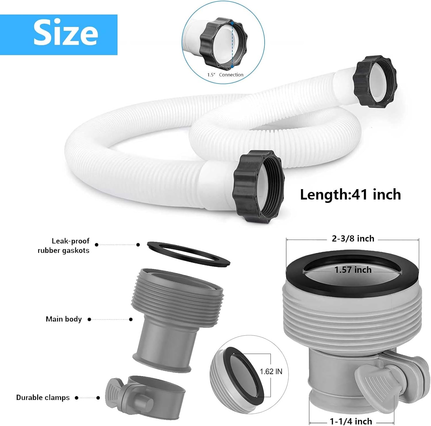 1.5" Pool Pump Hoses with Adapter Type B Connector Kit for Intex ＆ Coleman Above Ground Pools -1 1/2 Pool Hose Compatible with 1500-2500 GPH Sand Filter Pumps & Saltwater Systems (2, White)