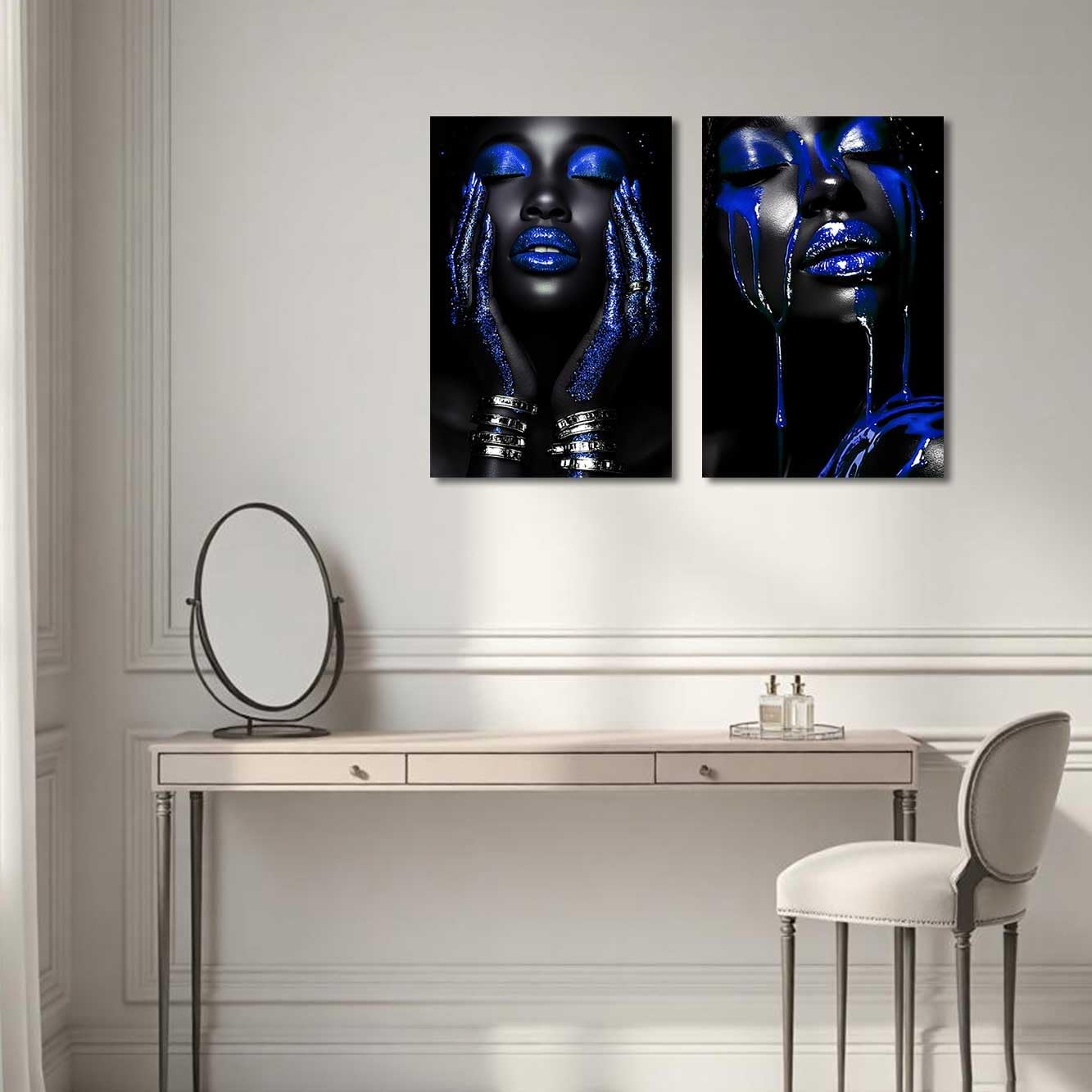 BJYCHG 2Pcs African American Canvas Wall Art Abstract Black Woman Face Painting Prints Fashion Black Female Portrait Poster Pictures Modern Girl Bedroom Room Decor (Blue, (20x30inx2 Pieces))