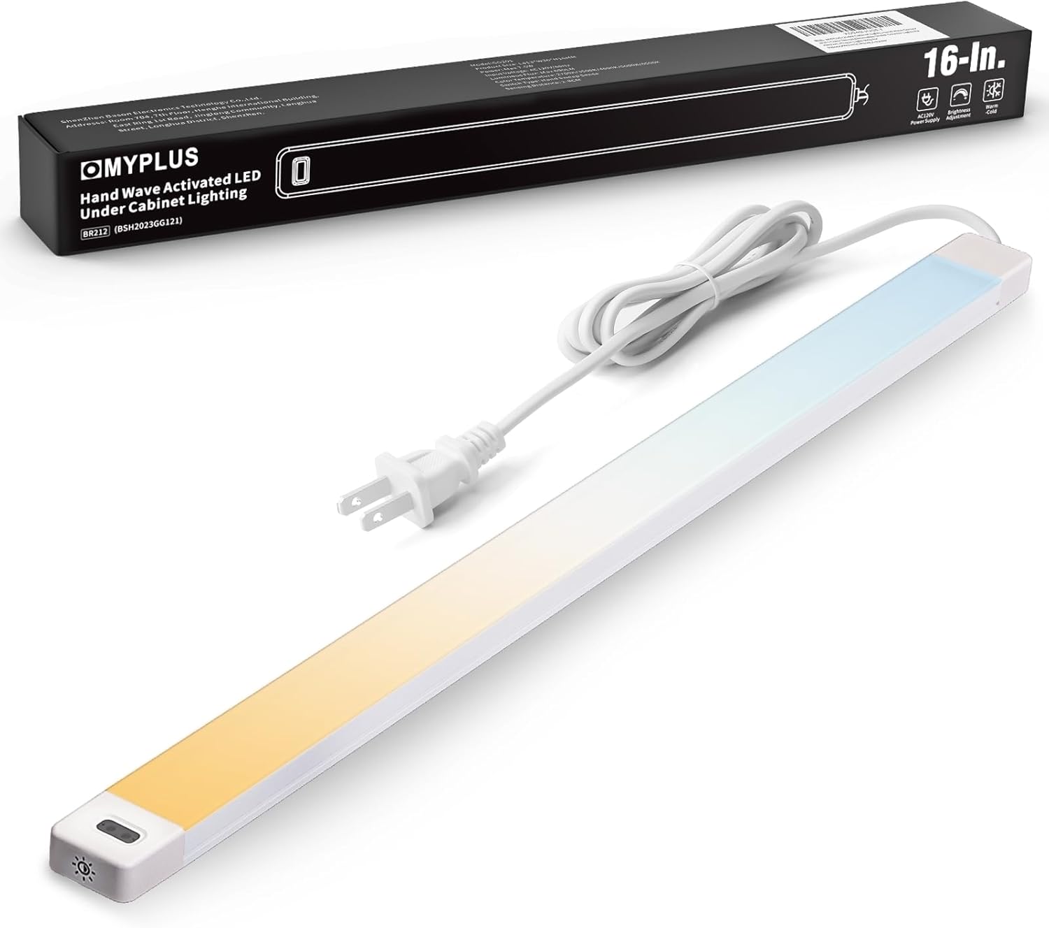 MYPLUS 16-inch Hand Wave Activated LED Under Cabinet Lighting bar with power cord and plug.