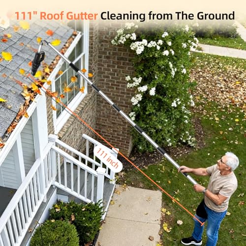 Roof Gutter Cleaning Tools from The Ground, 111" Leaf Blower Cordless, 180° Rotatable Gutter Blower Extension Attachment Kit for Gutters Cleaning, Lightweight Small Handheld Leaf Blower with Charger