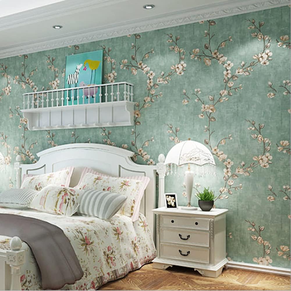 Q QIHANG 1.73' W x 32.8'L Small Floral Retro Nostalgic Rural Style Bedroom TV Background Wall Cafe Hotel Restaurant Non-Woven Non-Pasted Wallpaper (Green)