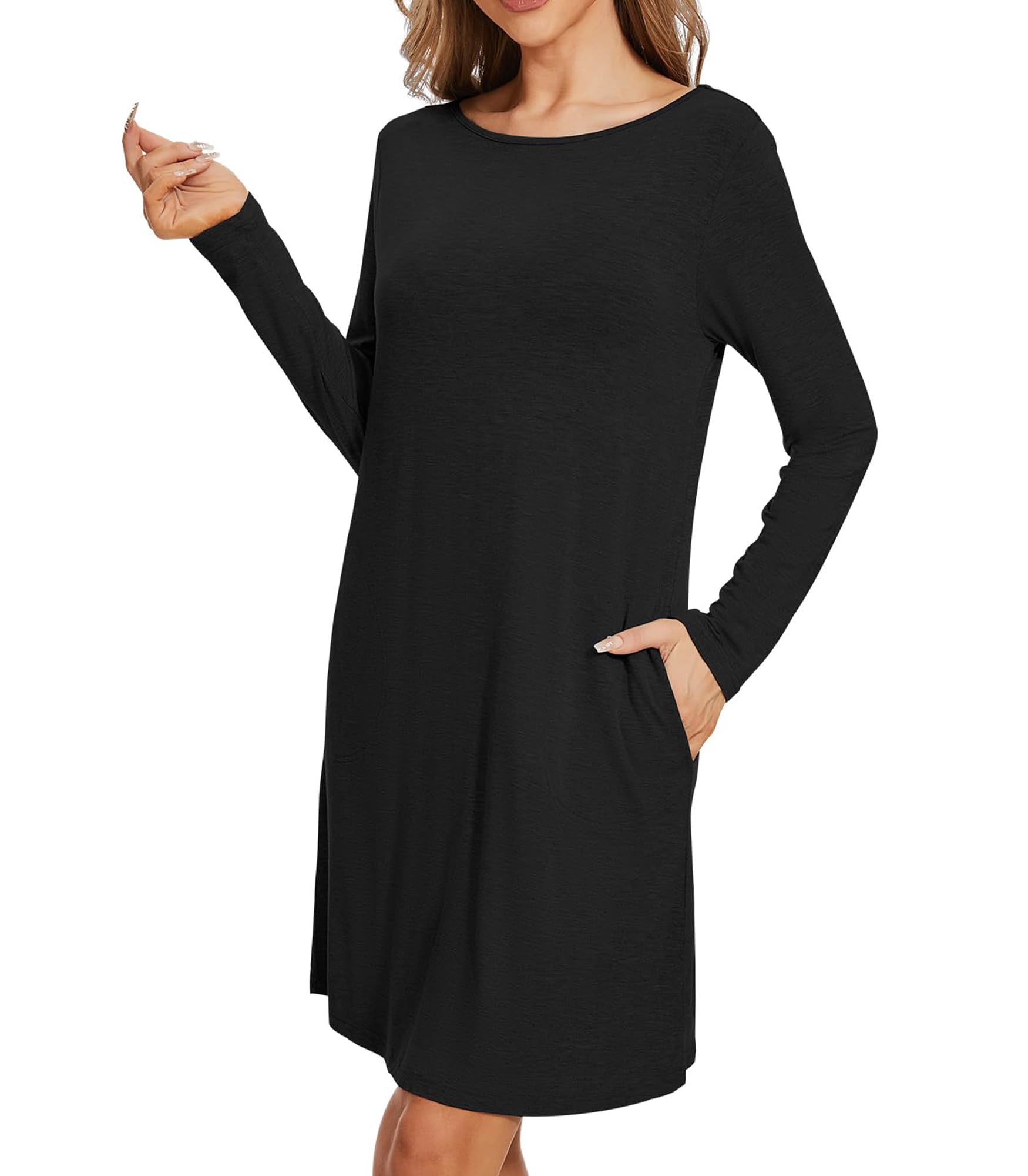 WiWi Women's Viscose from Bamboo Nightgowns Long Sleeve Cooling Crewneck Sleepshirts Casual Gown Super Soft Sleep Shirt S-XXL