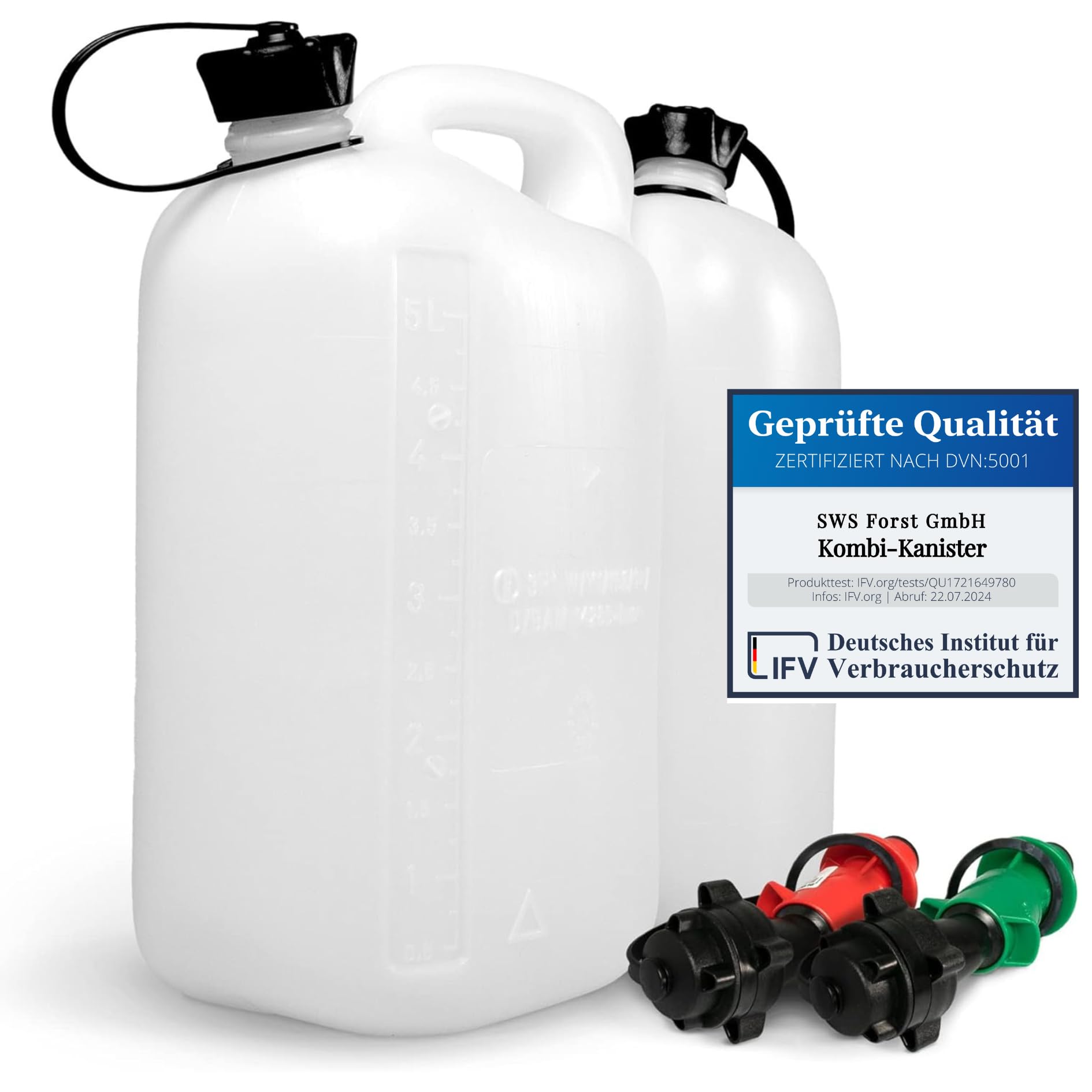 SWS Forst GmbH Kombi-Kanister - 5L + 3L - Doppel-Kanister - Kanister für Kraftstoff und Kettenöl - Transparenter Benzinkanister - mit 2 Einfüllsystemen