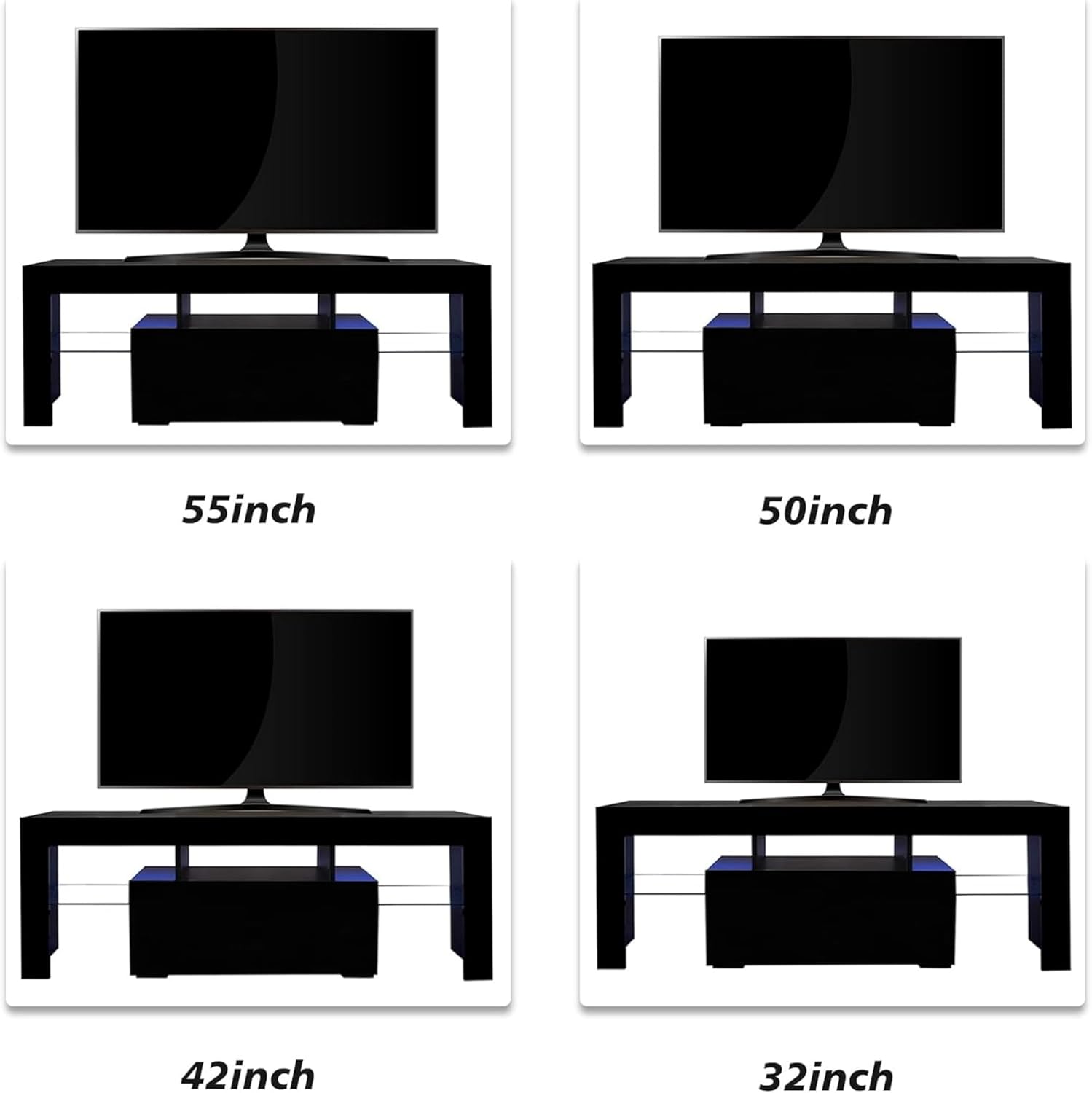 Black LED TV Stand for Televisions up to 55 Inchs, Modern Entertainment Center with LED Lights and Glass Shelves, TV Stands for Living Room, Bedroom (Black)