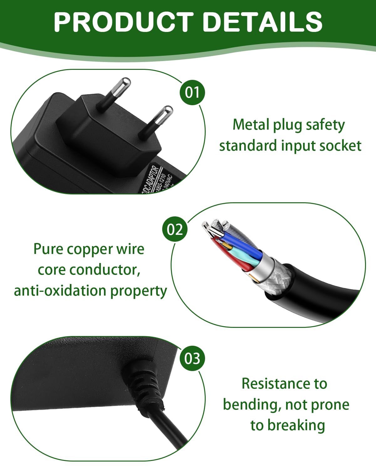 12V 1A Alimentatore di rete da, per strisce LED, per bambini, auto elettrica, moto, CCTV, router TV, fotocamera, adattatore AC/DC, 100-240 V, spina da 5,5 mm x 2,1 mm, cavo da 1 m