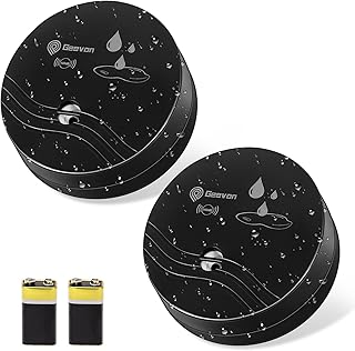 Geevon Wassermelder, 100dB Wassersensor Alarm Flut-Detektor für Keller, Badezimmer, Waschküche, Küchen, Garagen und Dachböden, Wasseralarm (Batterie enthalten) (Schwarz 2 Packungen)