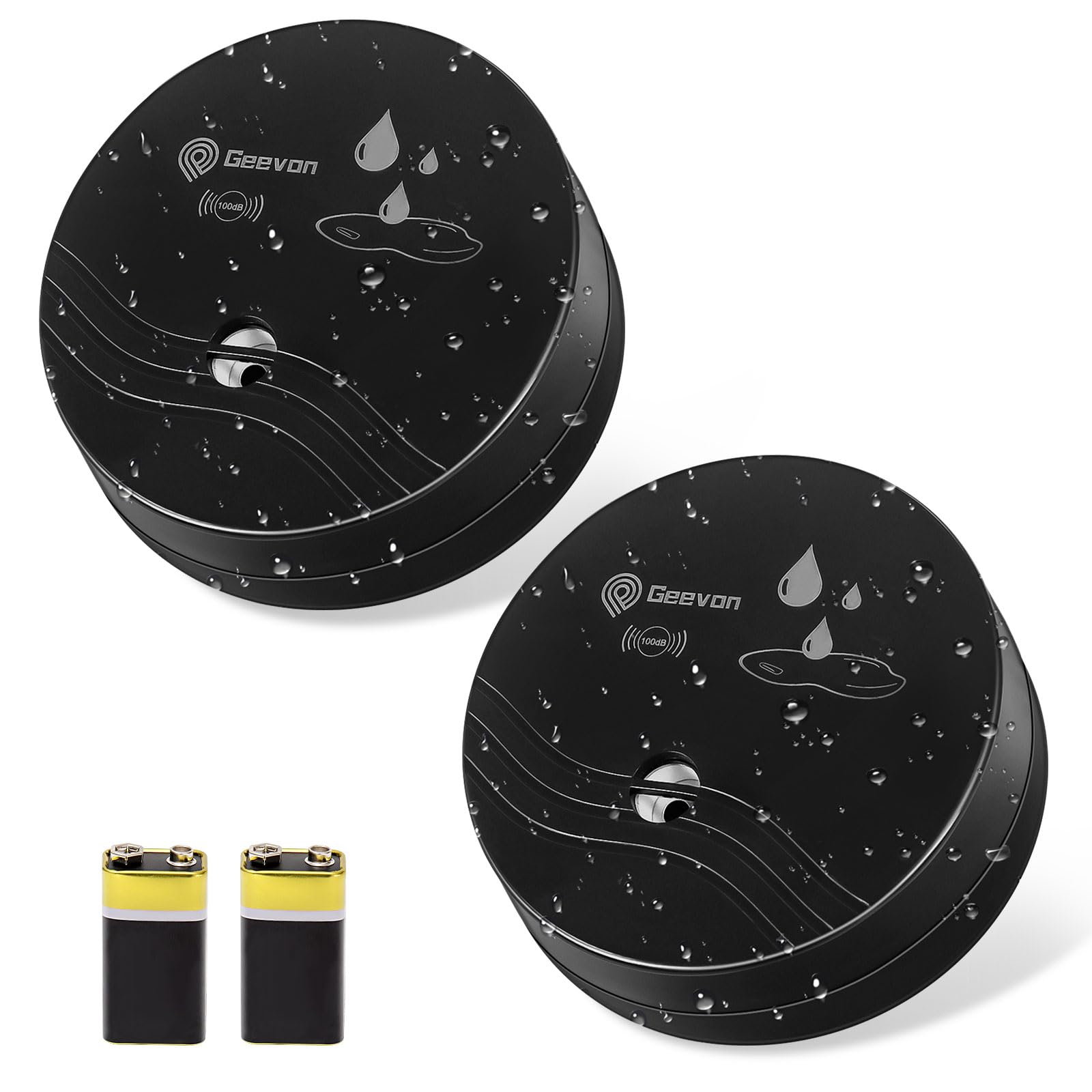 Geevon Water Leak Detector, 100dB Water Sensor Alarm Flood Detector for Basements, Bathrooms, Laundry Rooms, Kitchens, Garages, and Attics,Battery-Operated (Battery Included) (Black 2 Packs)
