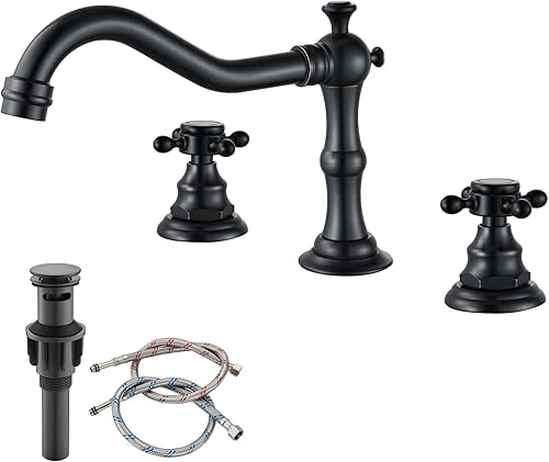 Grifo victoriano para fregadero de baño con tres agujeros y doble manija con drenaje desplegable a juego con desbordamiento, bronce aceitado vintage