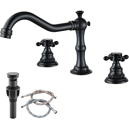 HOTBASIN Victorian Widespread Deck Mounted Three Holes Double Handles Bathroom Sink Faucet with Matching Pop Up Drain with Overflow,Oil Rubbed Bronze Vintage