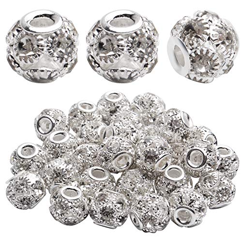 Rhinestone Spacer Beads, 30pcs 10mm Silver Rhinestone Pave Crystal Brass Beads European Rondelle Beads Round Spacer Beads for Bracelet Nacklace Jewelry Making Wedding Party Decoration