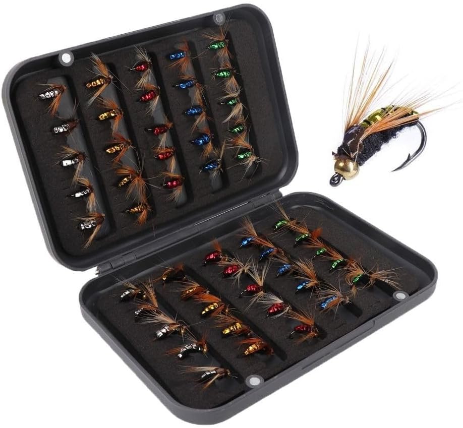 50Pcs Bead‑Head Nymph Wet Flies,Trout Fishing Fly Lures | 5 Colors, 10 Each, 0.6 x 0.4 in, Freshwater Streams Lakes Rivers, PVC Body, Fly Storage Box Included