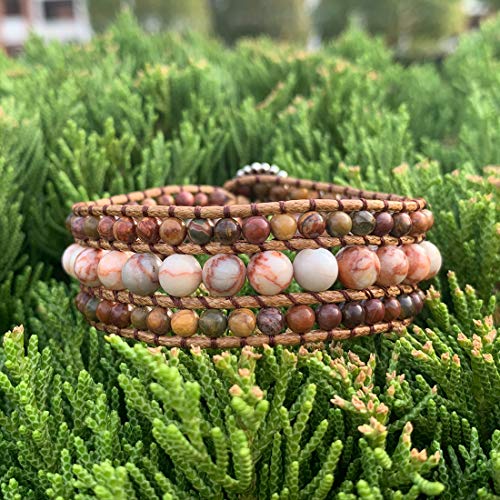 YGLINE Boho Handmade Natural Stone Bead 3 Row Wide Wrap Wrist Statment Bracelet Jewelry Collection4