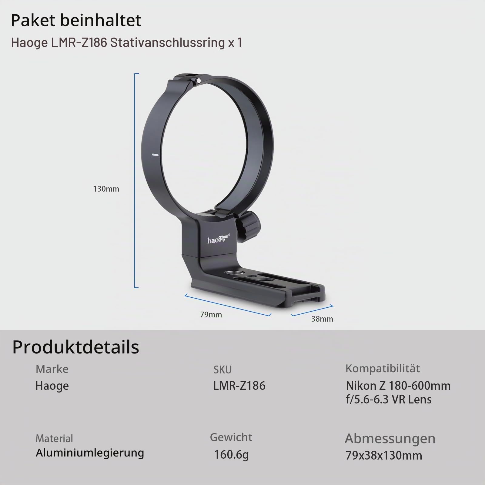 Haoge LMR-Z186 Stativ-Halterungsring für Nikon Nikkor Z 180–600 mm f/5.6–6.3 VR Objektiv-Kragenhalterung, integrierte Arca-Typ-Schnellwechselplatte