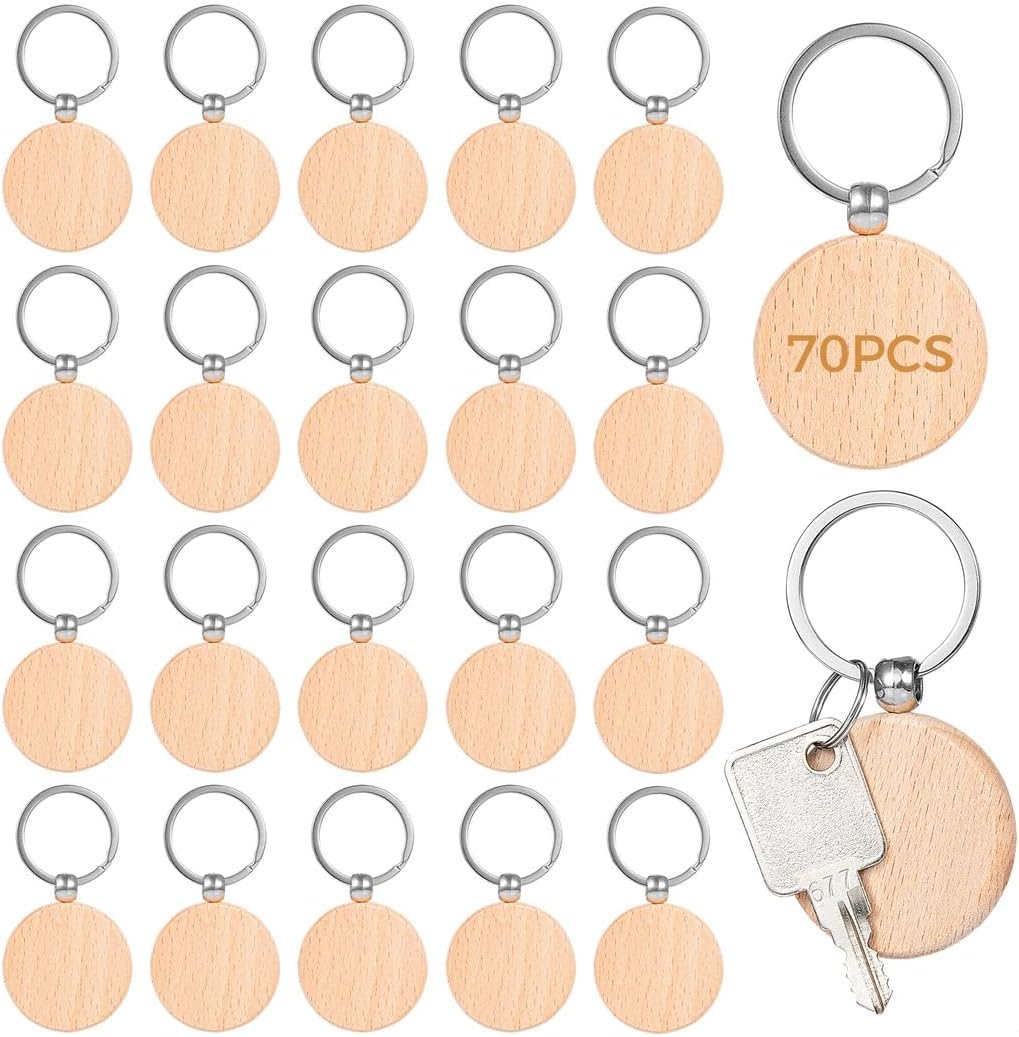 Personalized, 70 Pcs Round Wood Tags Finely Polished, Blank Wood Keyrings, Wooden Keychain Blanks for Christmas Pendants, Wall Hangings, Pet Tags, Bag Decorations