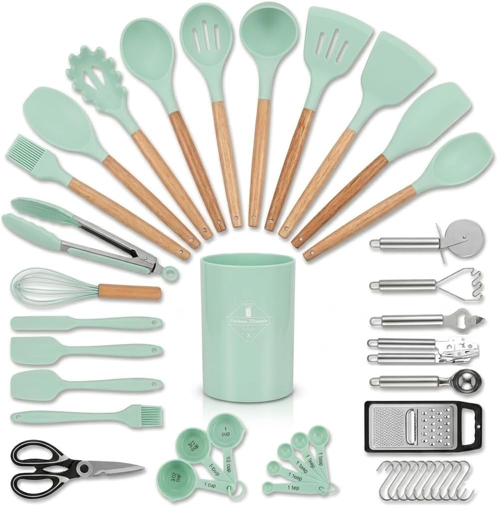 44-Piece Silicone Kitchen Utensils Set with Holder (Green)