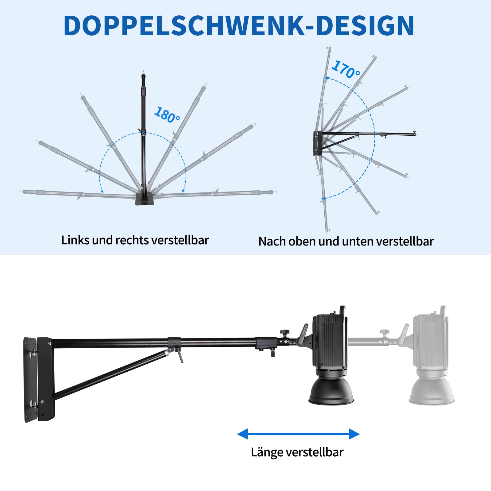 2er-Pack Wandmontage dreieckiger Ausleger Boom Arm 180cm, Ringlichthalterung, Deckenlichtständer, 180° Flexible Drehung für Studio-Videolicht, Blitz, Fotografie, Softbox, Reflektor