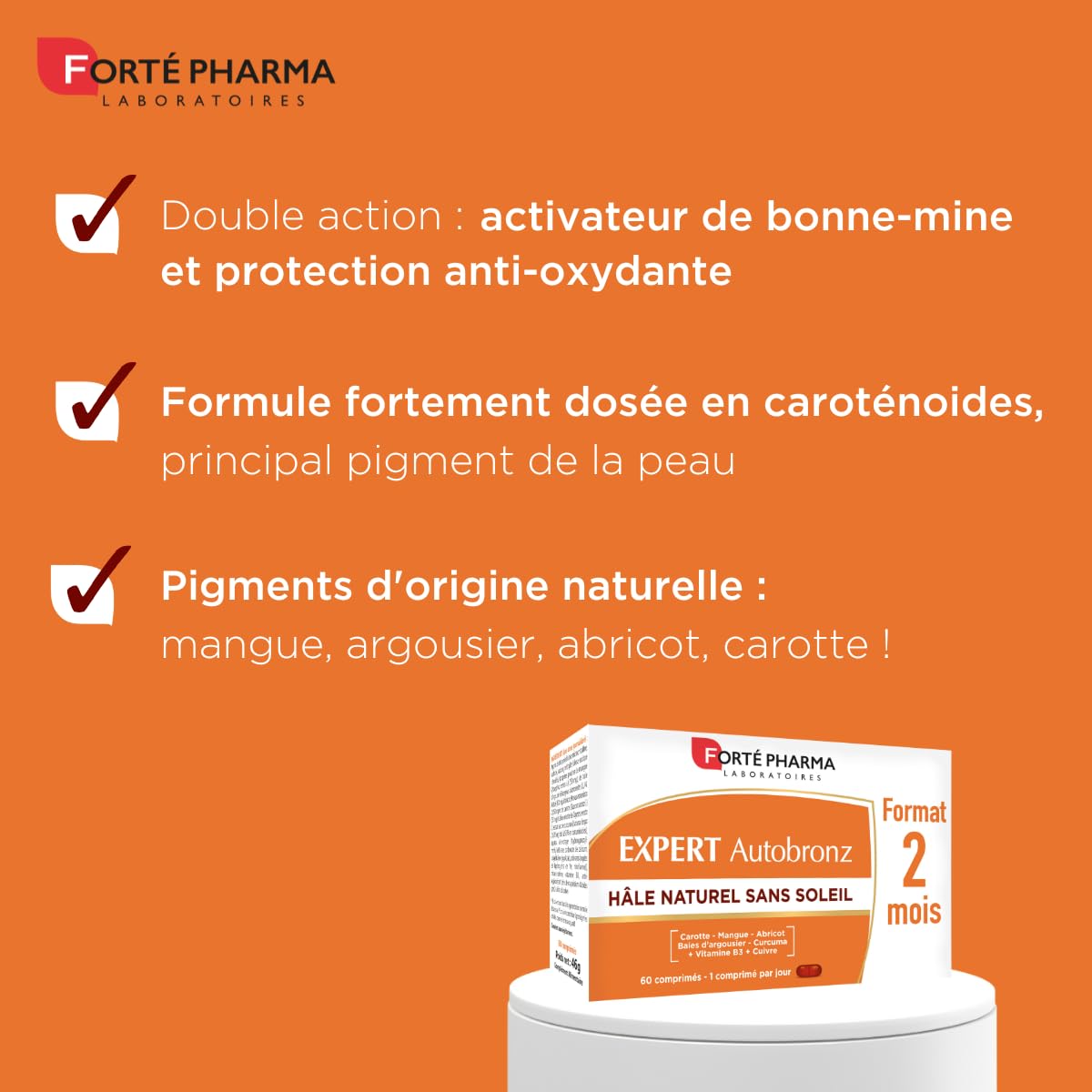 Forté Pharma - Expert Autobronz - Complement alimentaire bronzage, Hâle naturel & Autobronzant sans soleil - Cuivre, Carotte, Mangue, Abricot, Cucruma, Vitamine B3-1/jour, 60 jours