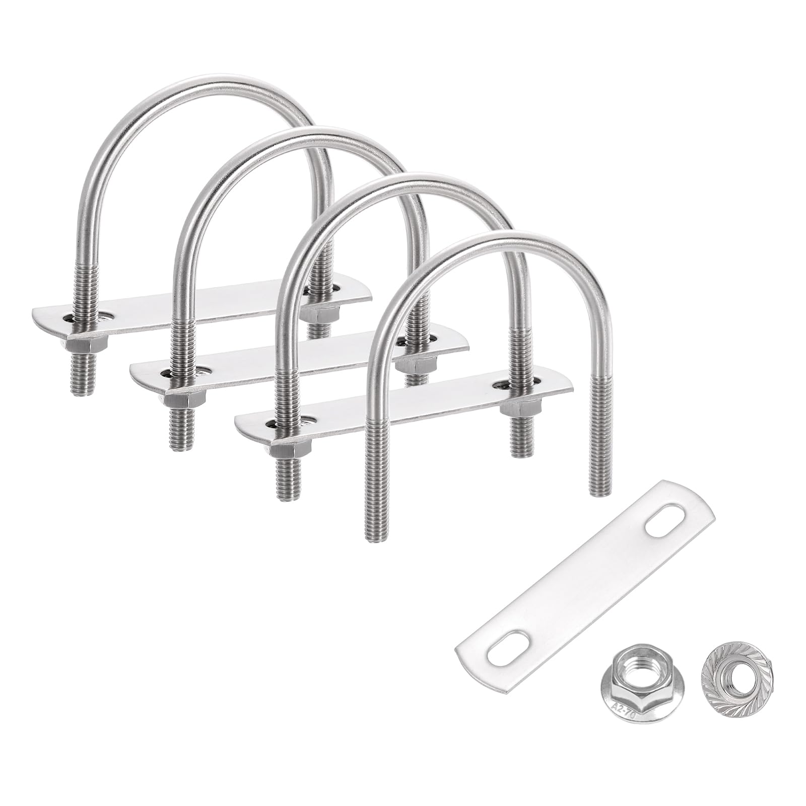 sourcing map 4 Set 2" Inner Wide Round U Bolts, 2-13/16" Length 304 Stainless Steel U-Bolts with Flange Hexagon Nuts, Frame Plates for Trailer, Automotive, (51mm W x 71mm L)