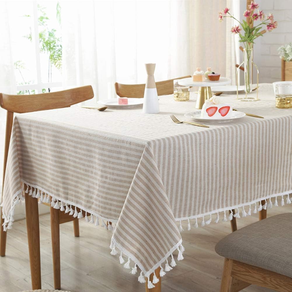 AMZALI Stripe Tassel Tablecloth Cotton Linen Stain Resistant/Dust-Proof Waterproof Table Cover for Kitchen Dinning Tabletop Decoration (Rectangle/Oblong,55 x 79 Inch, Beige)