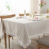 AMZALI Stripe Tassel Tablecloth Cotton Linen Stain Resistant/Dust-Proof Waterproof Table Cover for Kitchen Dinning Tabletop Decoration (Rectangle/Oblong,55 x 71 Inch, Beige)