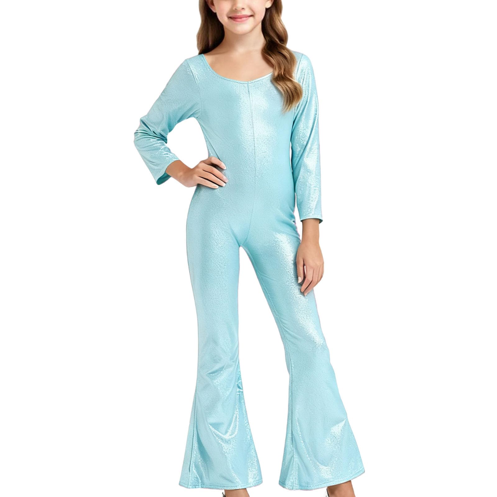 AMhomely Party Jumpsuits for Girls-Kids Teens Metallic Disco Funky Dance Costume,Long Sleeve Overalls Flared Wide Leg Trousers,Full Length Unitard 70s Hippie Dress Up A Sky Blue 11-12 Years