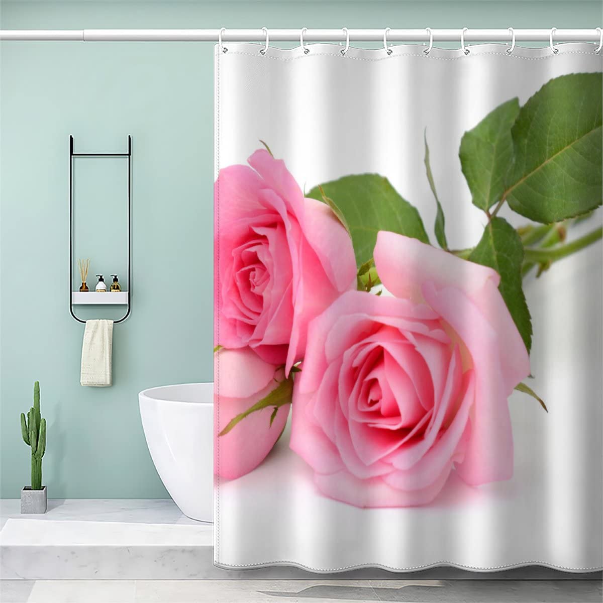 VASENA 3d Shower Curtain Pink Rose Bouquet Beautiful Flowers Bathroom Curtain Anti Mould Waterproof Personalized Funky Shower Curtain with Weighted Hem with Hooks 200x200 cm