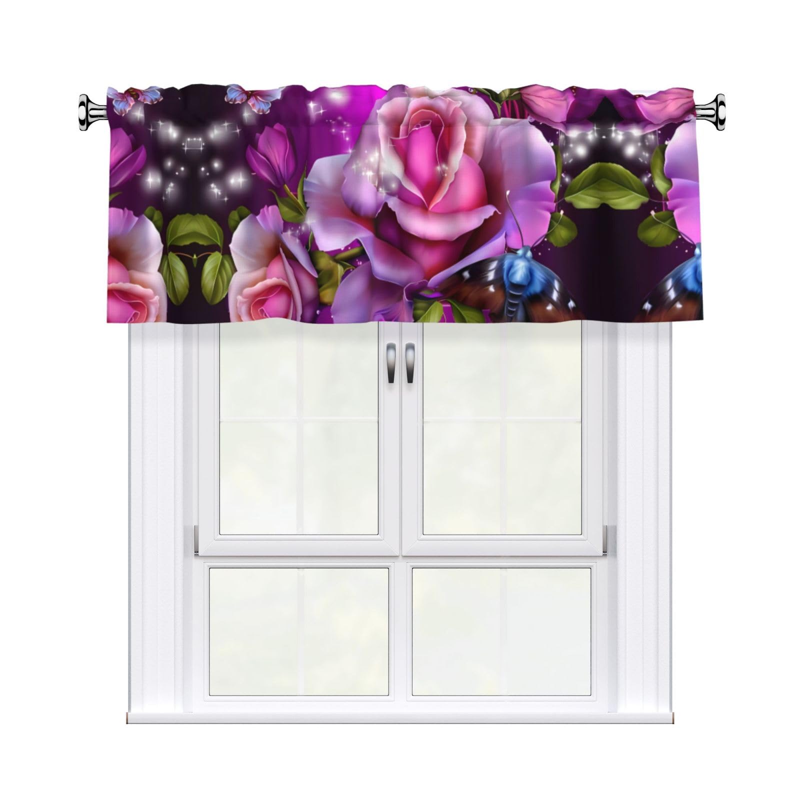 WHJSHOP Rose and Butterflies Pink Prints Curtain Valance 54x18in - Peach Skin Kitchen Window Layer, Filtered Light & Quick-Install Rod Pocket Cover