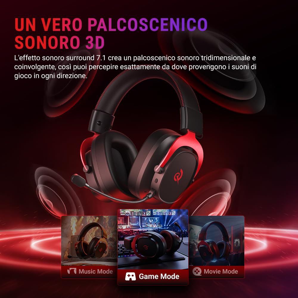 QCY Cuffie Gaming Wireless per PC/PS5/PS4/Switch, HEROAD VT200 Cuffie Over Ear, Audio Surrounqchd 7.1, Cuffie Gaming 2,4GHz Wireless+Bluetooth 6.0, Microfono Staccabile, Batteria da 130 ore -RossoNero