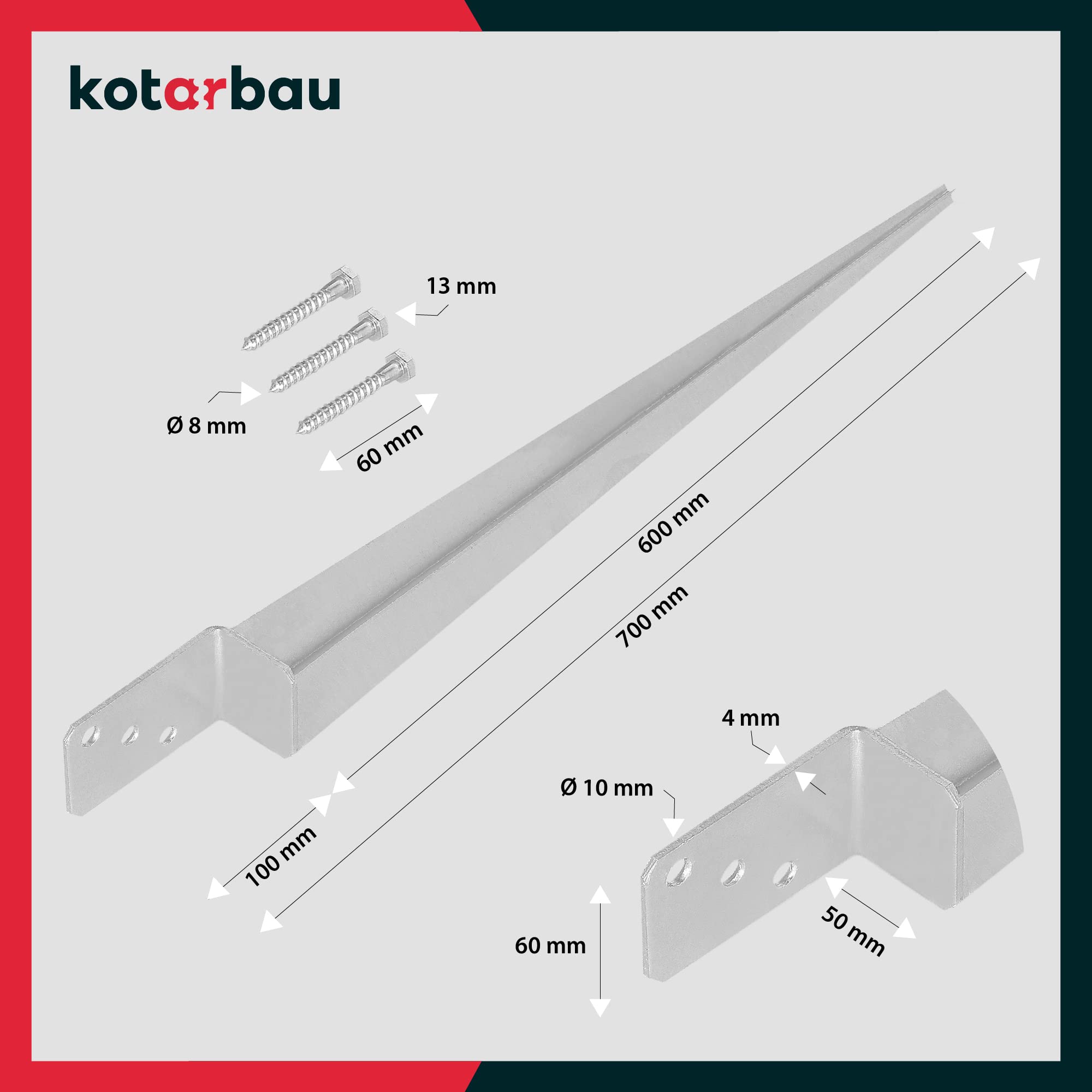 KOTARBAU® 4 Pezzi Supporto per Palo - Acciaio Zincato - 600 mm - Argento - 60 x 110 mm - Supporti per Pali in Legno - Staffe Per Pali In Legno - Supporto Palo Recinzione - Resistente alla Corrosione