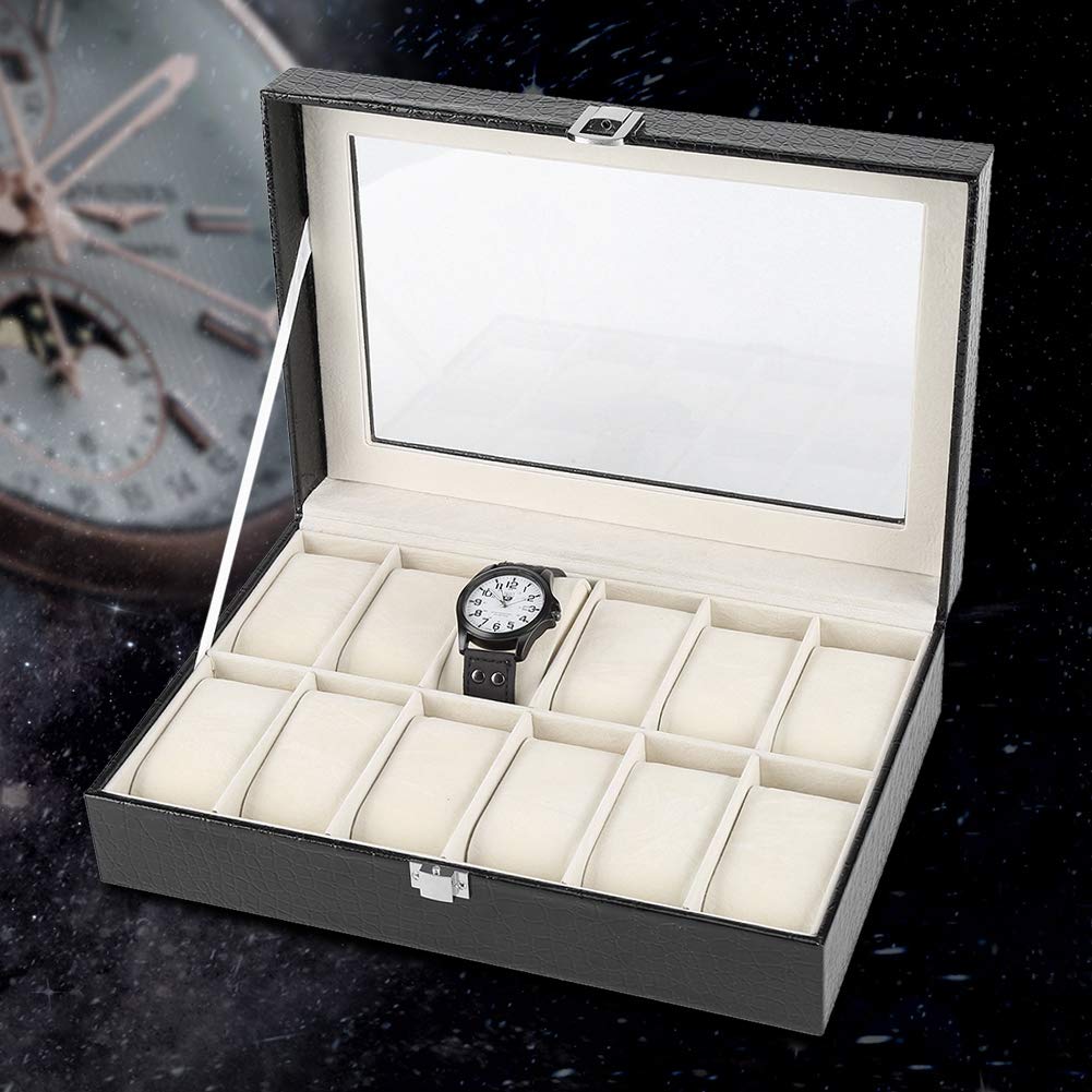 Boîte de Montres en PU avec 12 Coussins Amovibles et Couvercle en