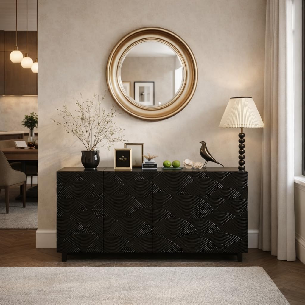 Sideboard Buffet Cabinet, 4 Doors Modern Accent Storage Sideboard, Luxurious Floor Cabinet Buffet with Freestanding Anti Dumping for Kitchen, Living Room, 59" Wide Rectangular Buffet Table(Black)