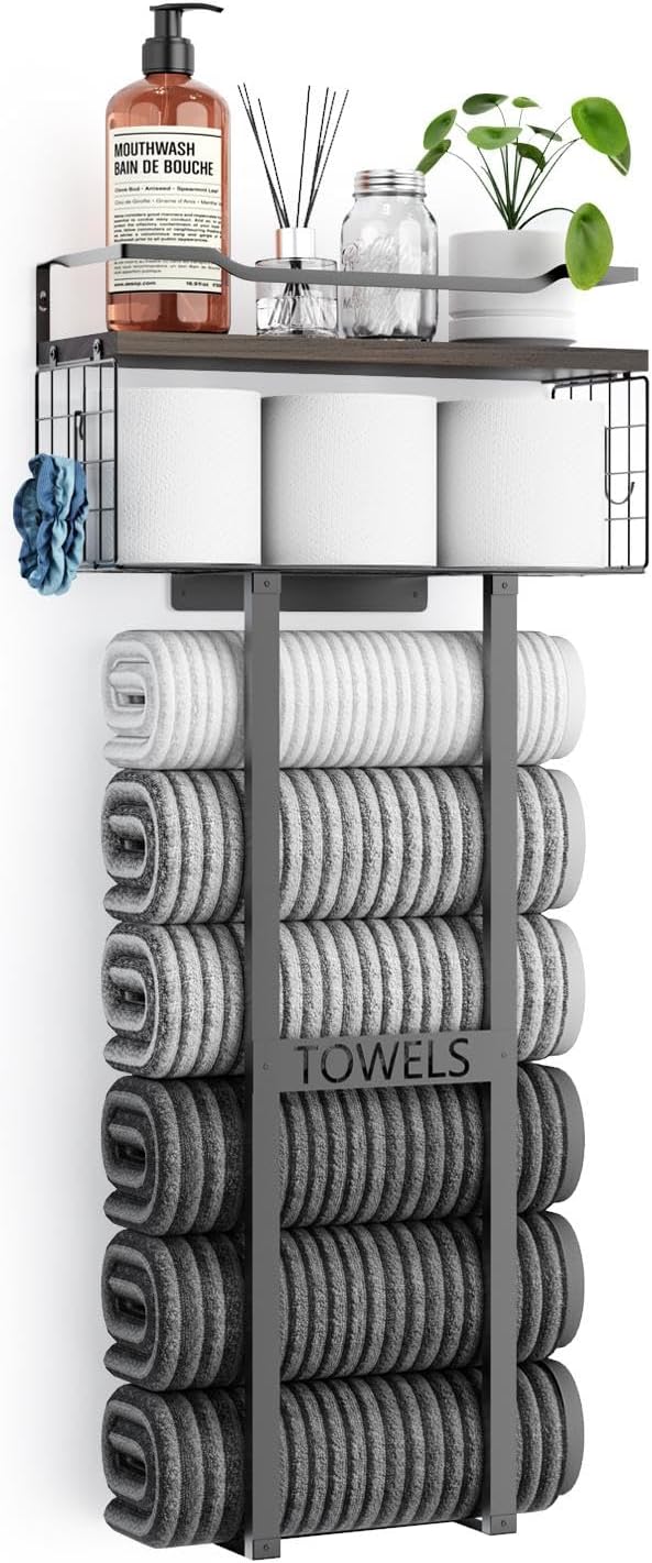 Large Towel Rack & Bathroom Towel Holder - Wall Mounted Metal Rack with Wooden Floating Shelf, Small Bathroom Towel Storage, Easy Holds 6 Large Rolled Towels, Black with Brown Plank Black With Brown Plank XL (31")