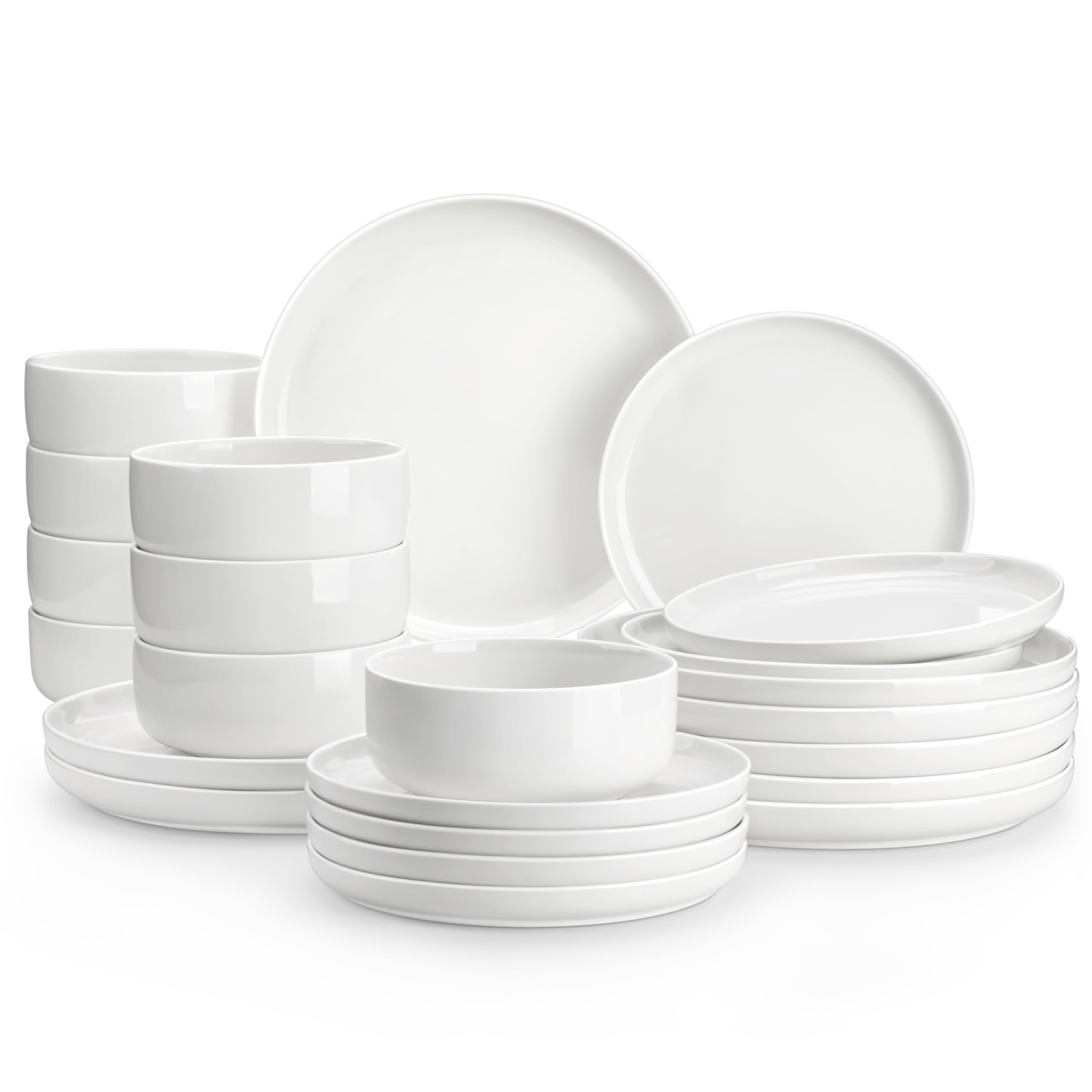 MALACASA Plates and Bowls Sets, 24 Pieces Modern Porcelain Dinnerware Set for 8, Ceramic Dishware Dishes White Kitchen Dinner Dining Ware Set, Microwave and Dishwasher Safe, Series LUNA