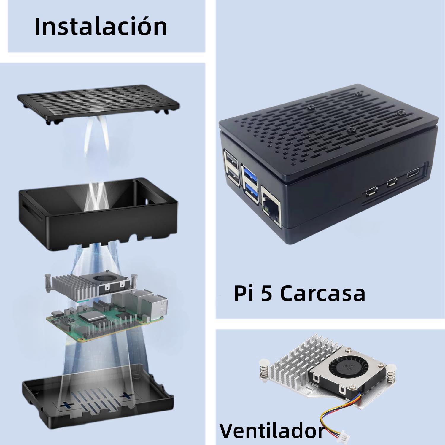 Vemico Raspberry Pi 5 16GB Starter Kit Tarjeta 64GB Pi 5 Carcasa con Active Cooler Fuente de alimentación 27W 5.1V5A USB-C 2 HD out Cables USB Lector de Tarjetas Adaptadores de Tarjetas - 5