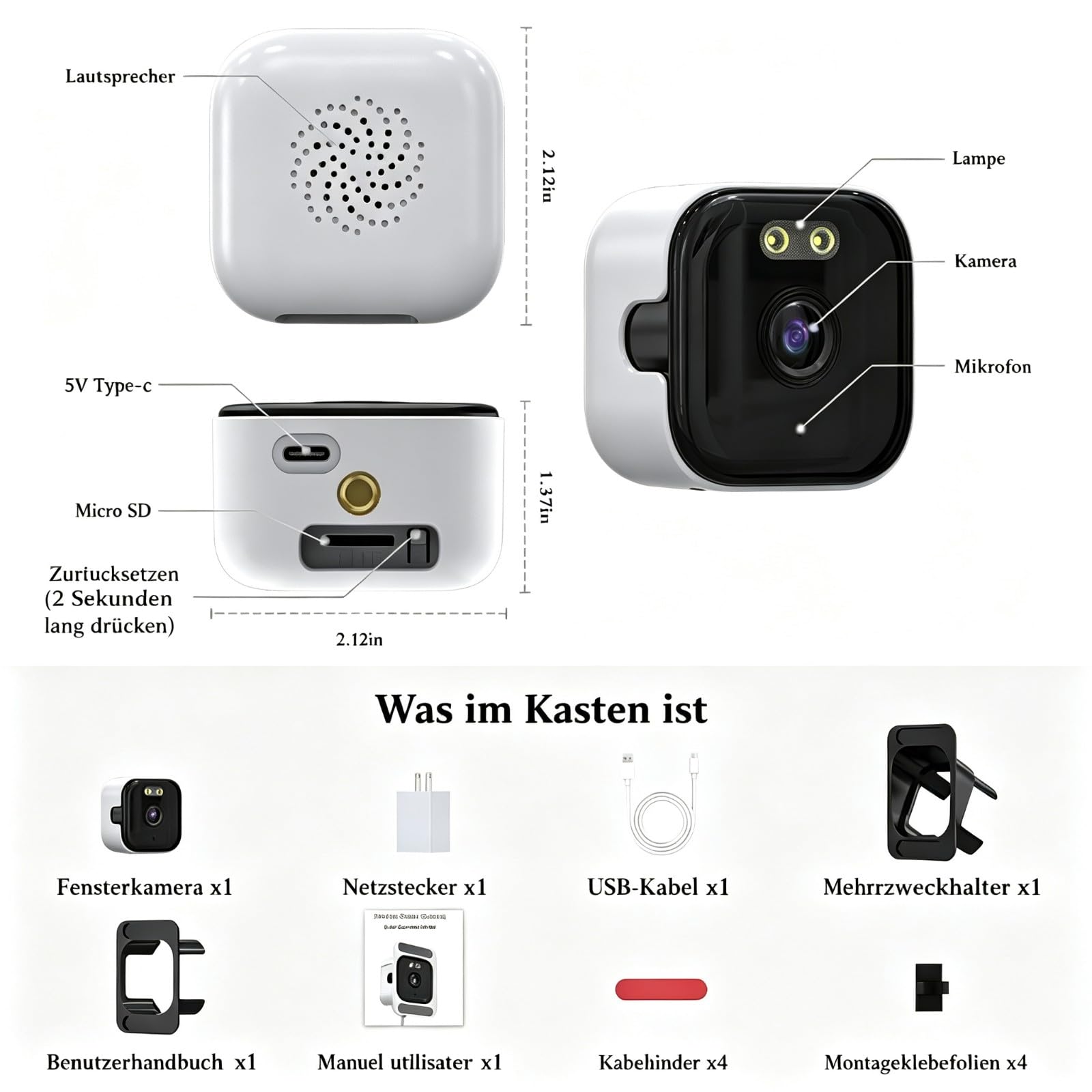 ANYQOO Fensterkamera Innen, 3MP 2K 2,4G & 5GHz Dualband WiFi, 2er-Pack | KI-Farbnachtsicht, 108° Weitwinkel, 3-fach Zoom, 24/7 Aufnahme, Anti-Reflex, ohne Bohren, Personen-/Fahrzeugerkennung