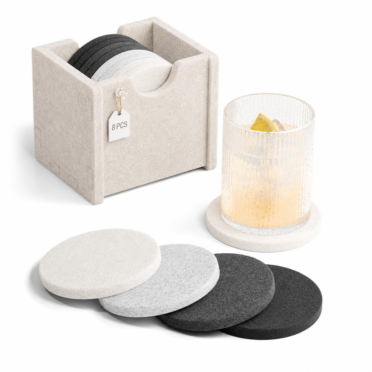 Fluxynara Felt Drink Coasters with Holder, Round, Set of 8, Concrete Echo — image 1