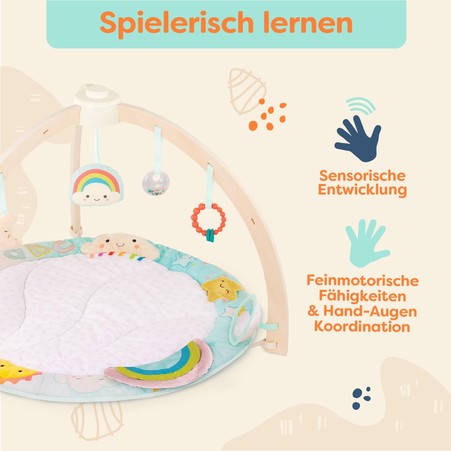 B. toys - Sunrise to Sunset Play Gym - Baby Gym aus Holz - Weiche Spielmatte - Hängendes sensorisches Spielzeug - Entwicklungsfördernde Aktivitäten - Neugeborene