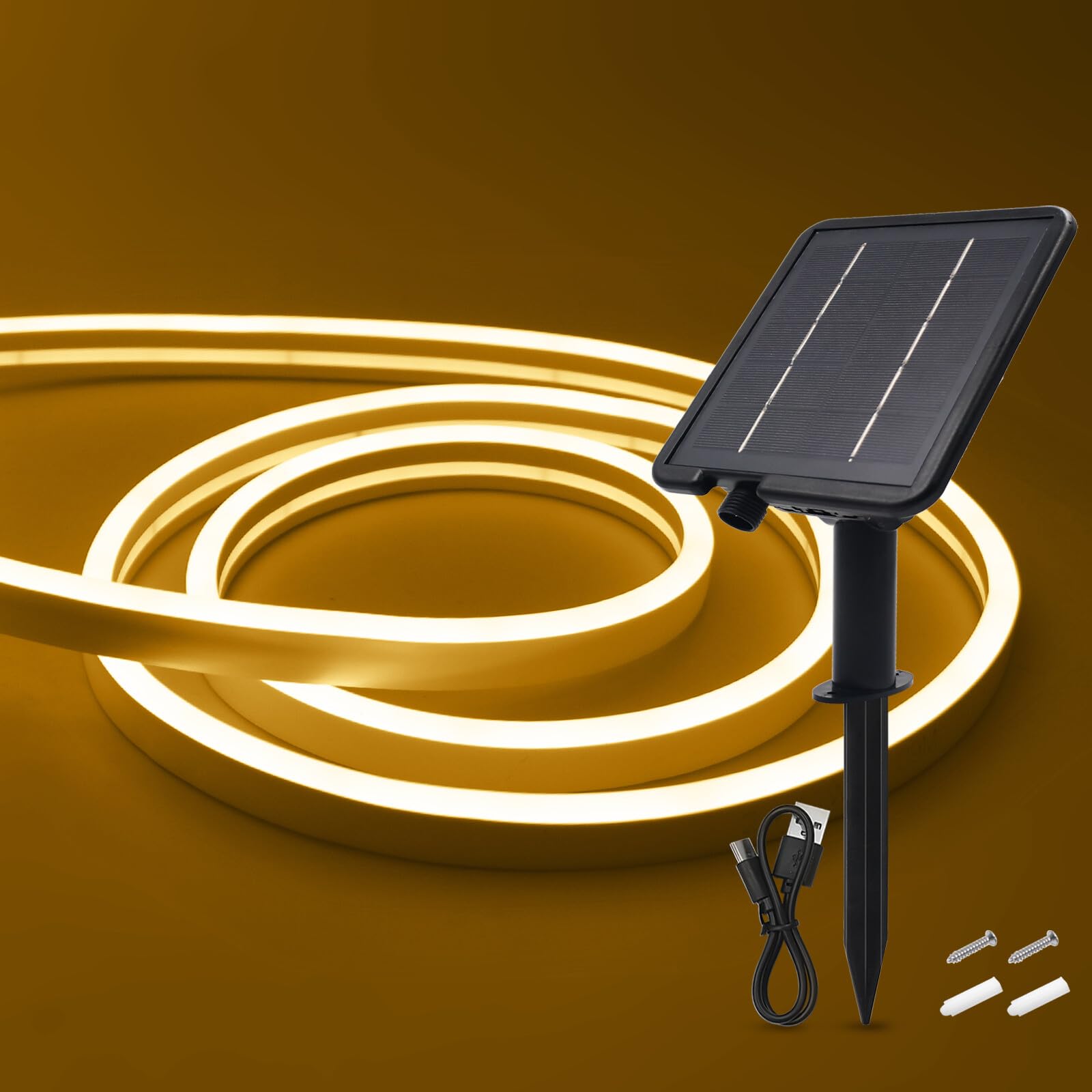 24V Solar Neon Band,Solarbetriebene 8 Modi SMD2835 LED Stripe，Cuttable 5cm,120LEDs/m Flex Neon LED Streifen für Terrasse, Innenhof(Warmweiß,4m)