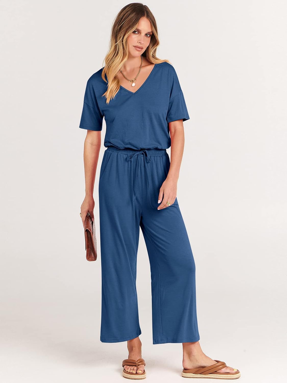 ANRABESS Women Summer Casual Short Sleeve V Neck Elastic Waist Wide Leg Cropped Pants Jumpsuits Rompers with Pockets - Image 3