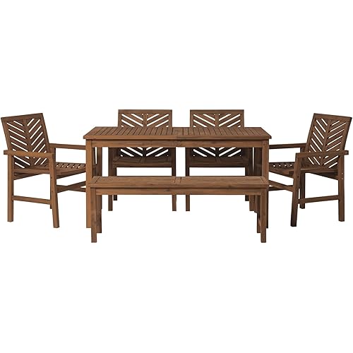 Walker Edison 7 Person Outdoor Wood Chevron Patio Furniture Dining Set Table Chairs Bench All Weather Backyard Conversation Garden Poolside Balcony, 6 Piece, Dark Brown