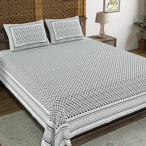 Image of BLOCKS OF INDIA Hand Block Printed 200 TC Cotton Super King Size Bedsheet (Dark Green GAD BUTI)