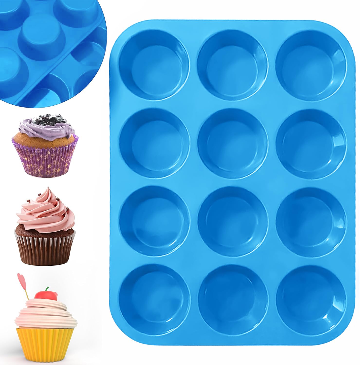 Silicone Muffin Tray 12 Cups, Baking Mold for Cupcakes and Brownies, Yorkshire Pudding Tray, Silicone Cake Moulds, Non-Stick Muffin Tin, Baking Mould for Muffins, Cheesecake Bakeware Tray